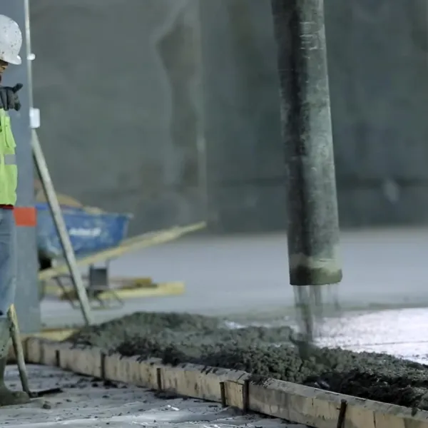 Construction worker in safety gear directing concrete pouring for a new foundation or floor at a building site.