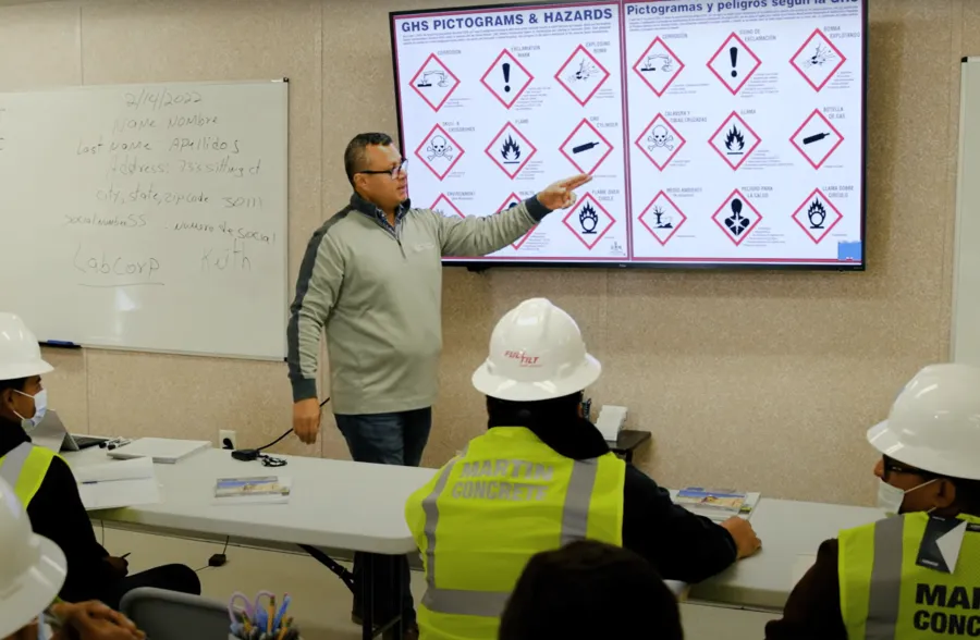 Instructor explains GHS chemical hazard pictograms to construction workers wearing helmets in a safety training session.